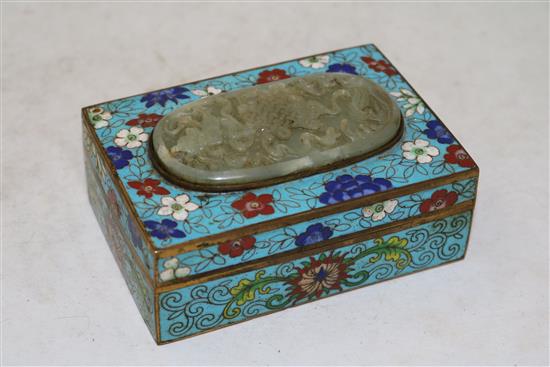 A Chinese cloisonne enamel box and cover, inset with a celadon jade plaque, 18th/19th century, 11.8cm